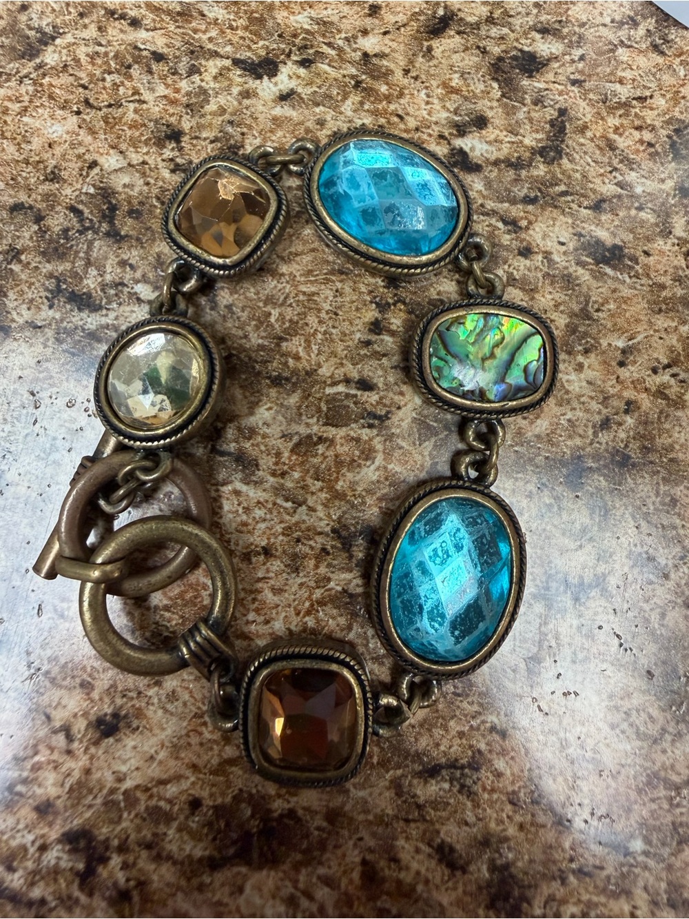 Vintage Style Abalone Shell Faceted Glass Link Bracelet Toggle Gold Tone